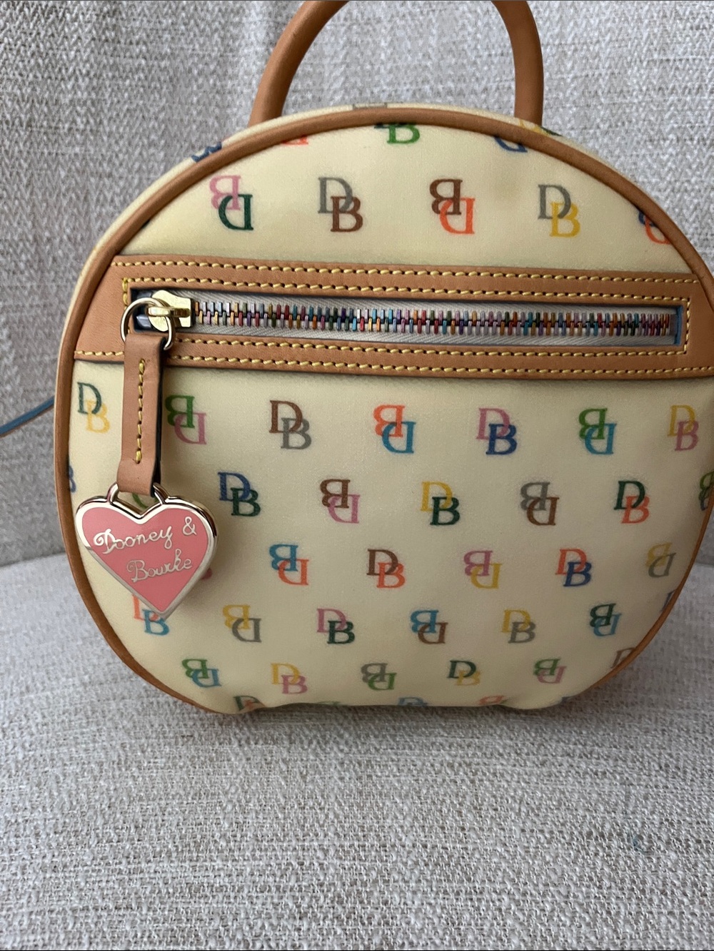 NWT Dooney & Bourke Cream Multicolor Logo Coated Canvas Backpack with Tan Trim - Picture 7 of 14